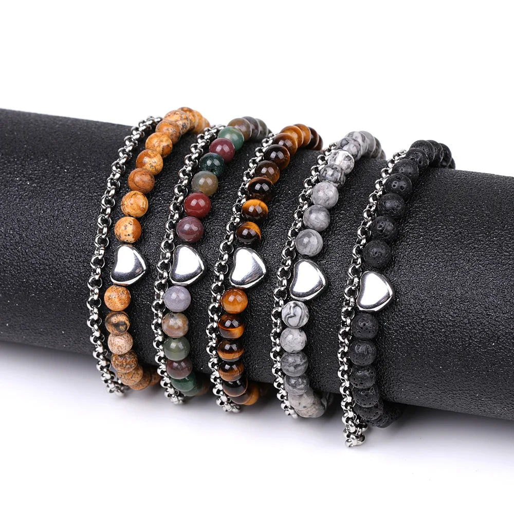 Wholesale Men Women Jewellery 6mm lava Quartz Hematite tiger Eye Natural Stone Bead Stainless Steel Heart Bracelets with Chain