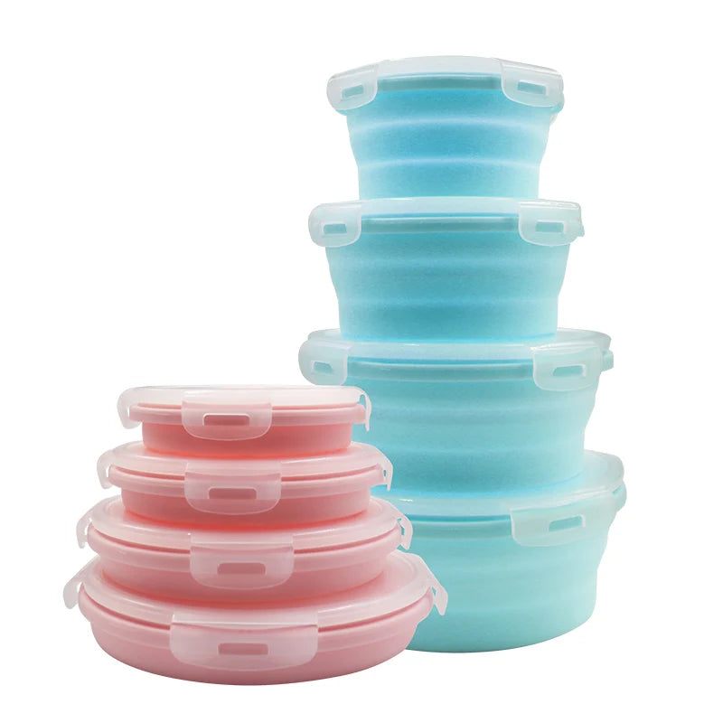 Hot Sales Set of 4 Round Silicone Folding Lunch Box Durable Silicone Bento Lunch Box Portable Bento Lunch Box for Kids Bpa Free