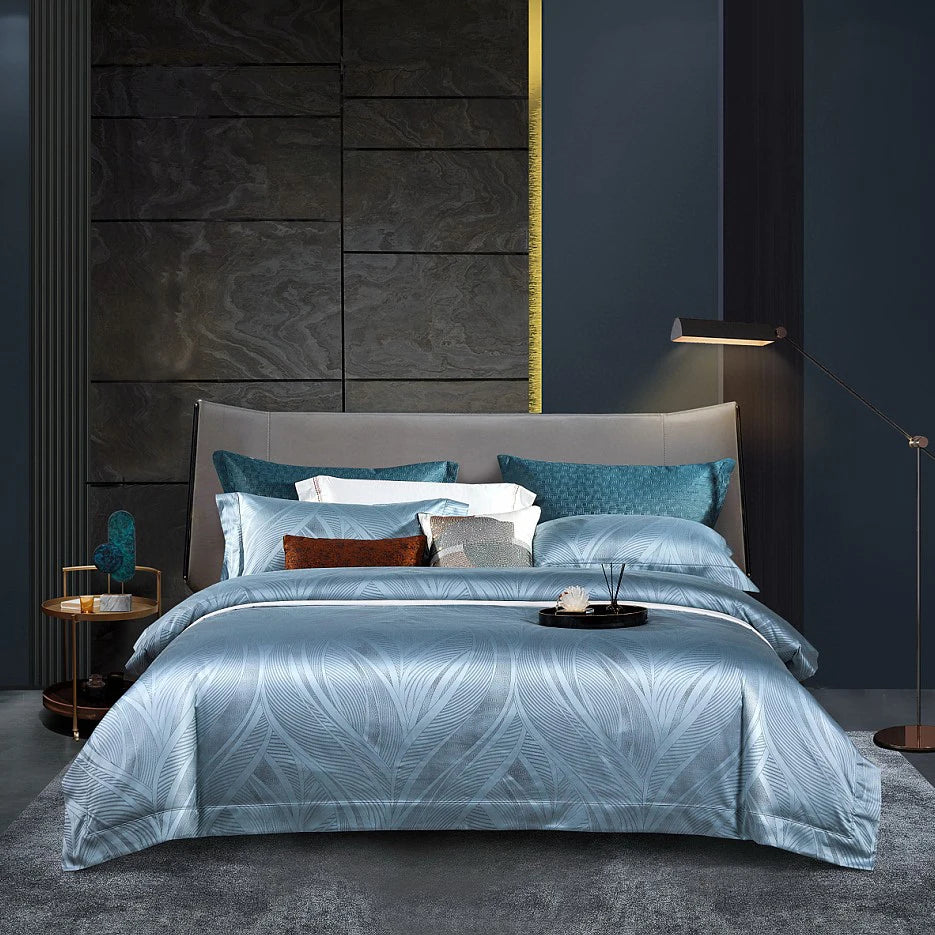 Luxury Blue Pillow Sham 100% Cotton Satin Jacquard Comforter Duvet Cover Dedicate Bed Linen Bedding Set