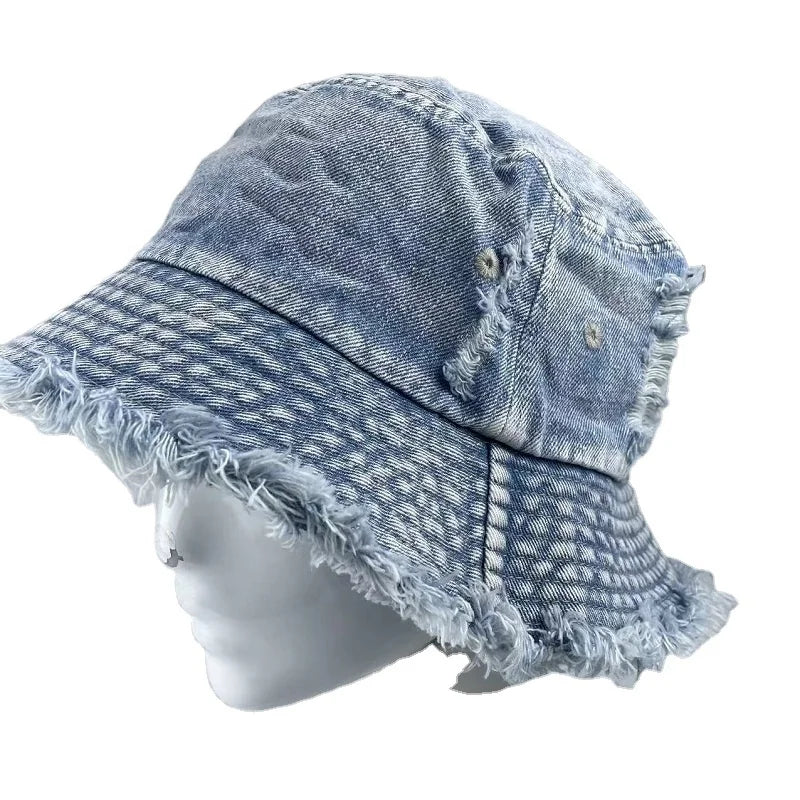 Custom Vacation Image Frayed Edge Distressed Cotton Embossed Custom Denim Bucket Hat Traveling Fashion Unisex Stylish Party Sun