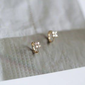 New Trend 14K Gold Plated 925 Sterling Silver Simple Four Clover Leaf Zircon Crystal Hoop Earrings for Women