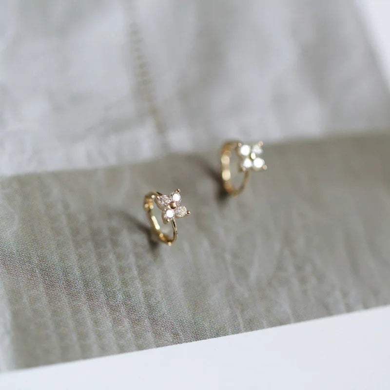 New Trend 14K Gold Plated 925 Sterling Silver Simple Four Clover Leaf Zircon Crystal Hoop Earrings for Women