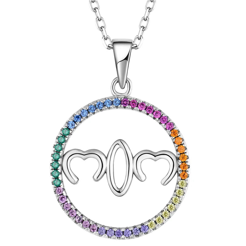 Trendy 925 Sterling Silver Mom Pendant Necklace Rhodium Plated with Rainbow Zircon Geometric Design for Engagement Party Jewelry