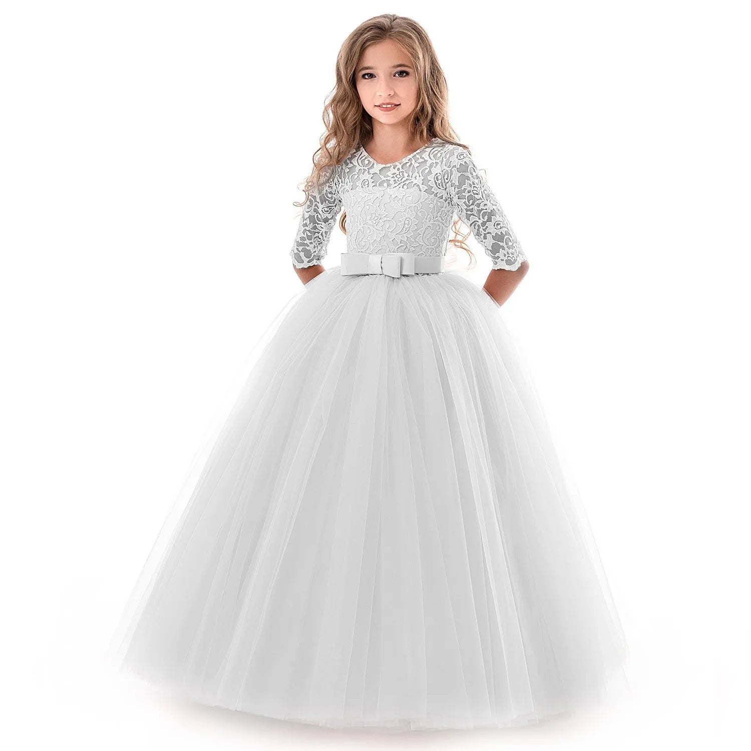 Long Formal Lace Dress for Girls Bridesmaid Princess Party Kids Clothes for Wedding Evening Summer Waistline Natural for Teens
