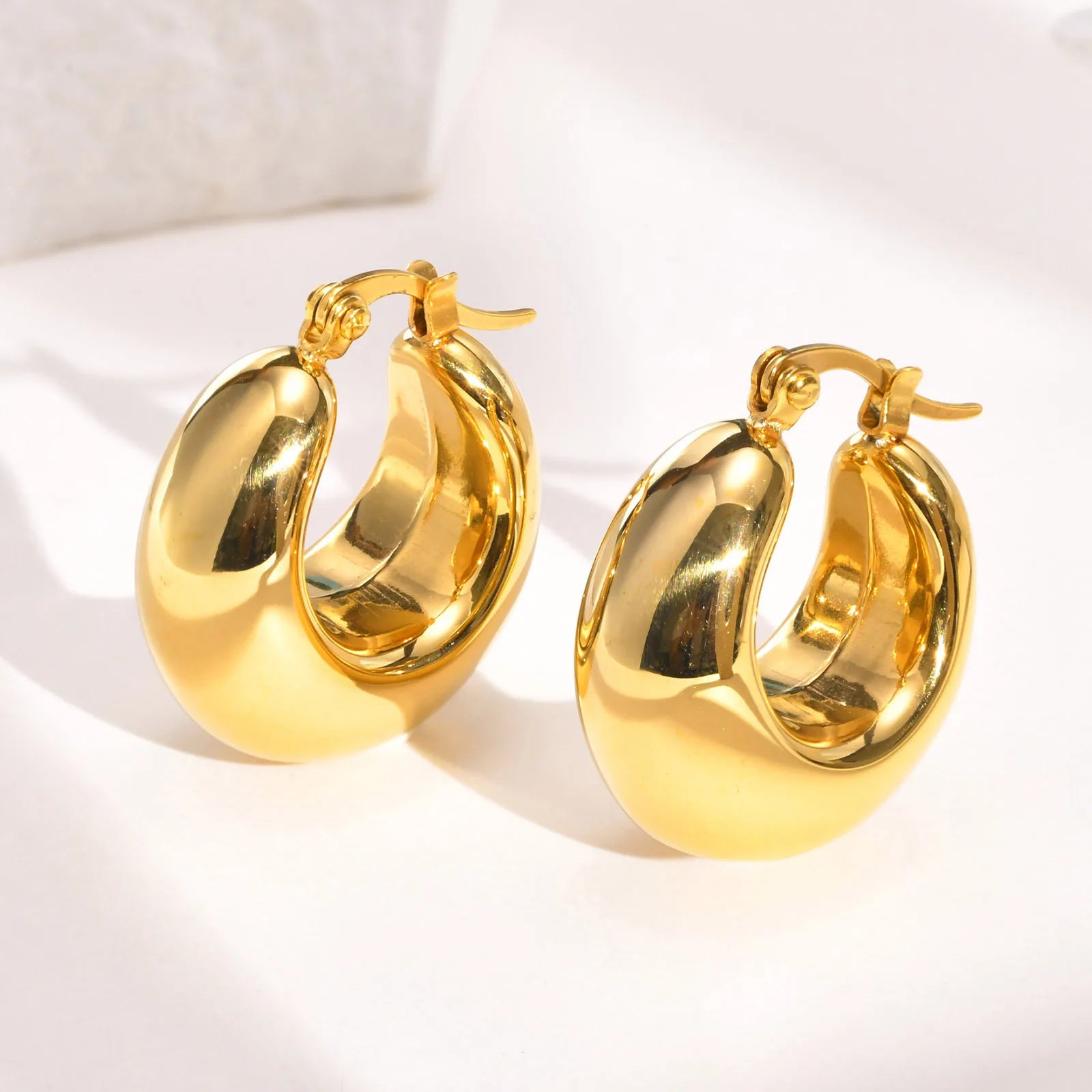 Waterproof Tarnish Free Designer Inspired Stainless Steel Gold Plate Chunky Hoop Earring 2.5cm Thick Design