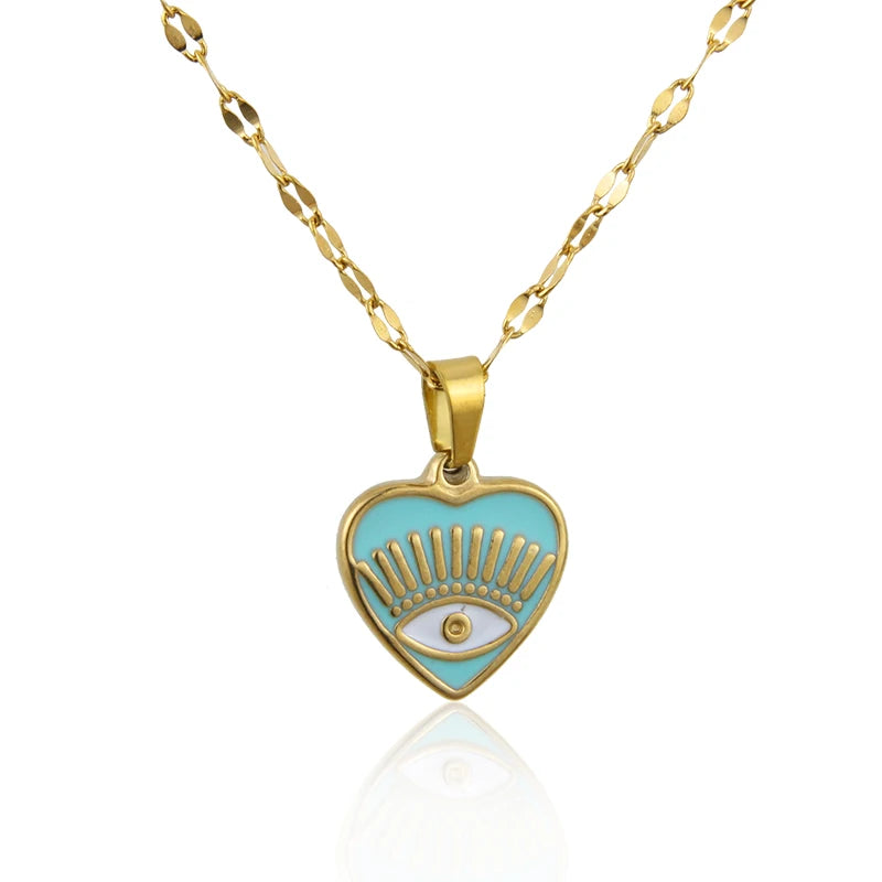 Fashion 18K Gold Plated Evil Eyes Pattern Love Shape Couple Necklace Stainless Steel Link Chain Jewelry Accessories Gift
