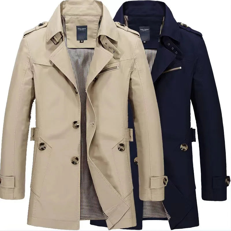 2024 New Spring Trend Men's Slim Fit Windproof Jacket Classic Work Coat in Plus Size Casual Look with Long Length for Winter