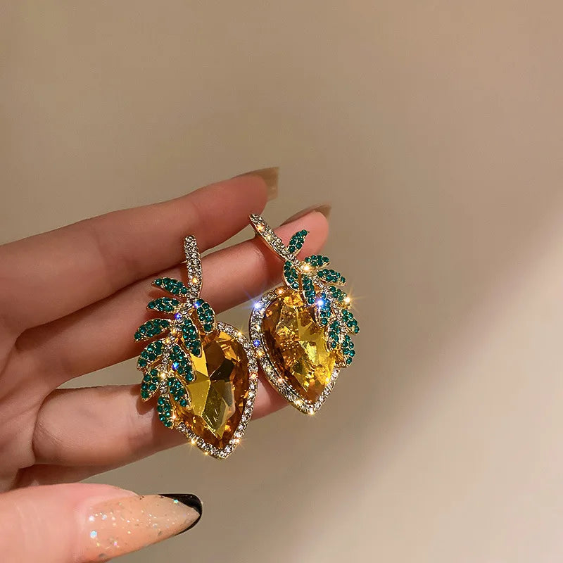 HOVANCI Fashion Spring Summer Shine Crystal Earrings Fruit Pineapple Leaf Dainty Earrings