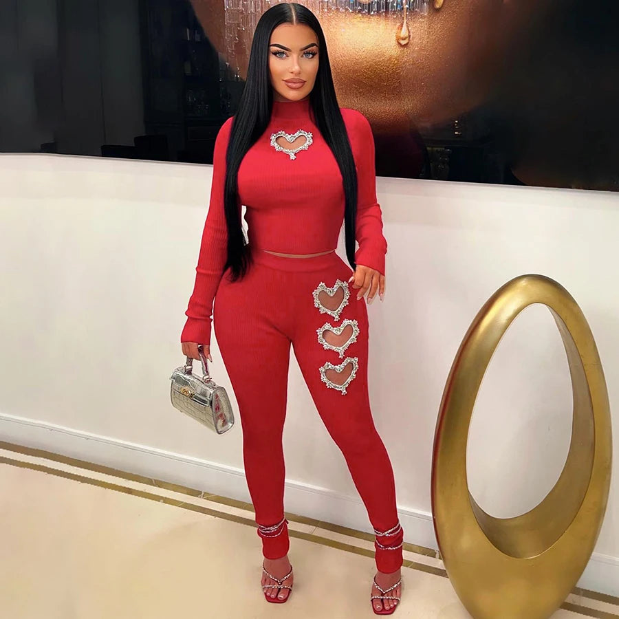 New Arrivals Woman Tracksuit Heart Shape Hollow Out Rhinestones Knit Ribbed Tight Women Two Piece Legging Set