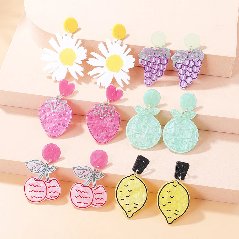 Newest Retro Acrylic Print Earrings New Daisy Fruit Drop Earrings Fashionable Vintage Style Jewelry