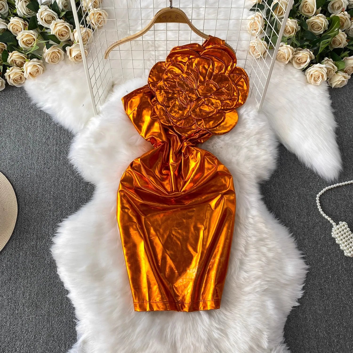 M-2xl Elegant Waist Cinching Dress Heavy Industry 3D Flower Hanging Neck Dress Hip Hugging min Dress