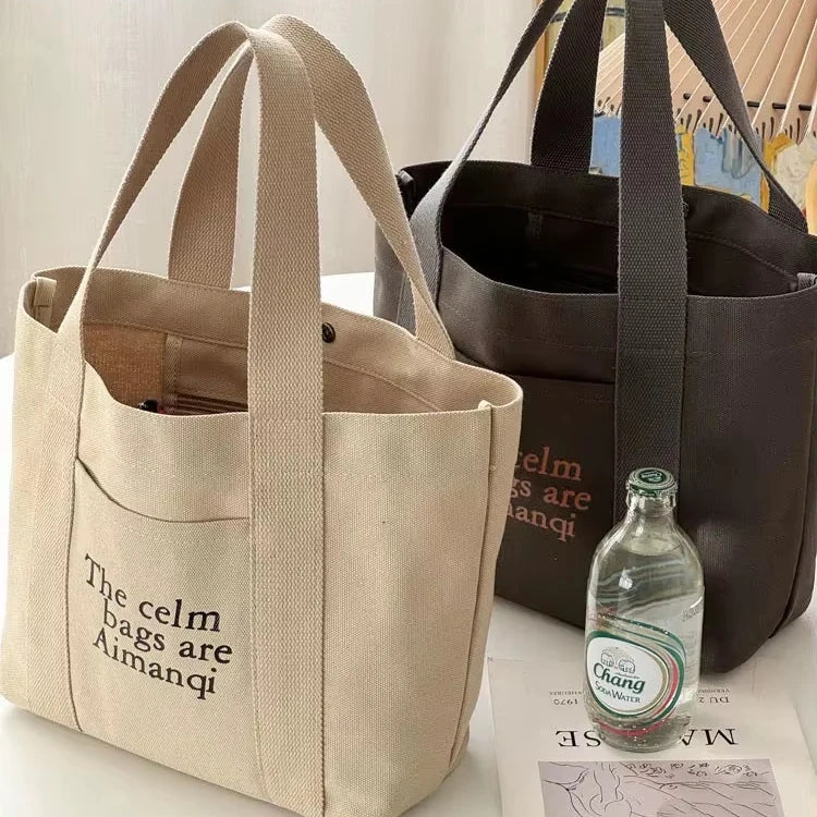 Customizable Reusable Cotton Canvas Tote Shopping Bag for Women with Pockets Women's Shoulder Bags