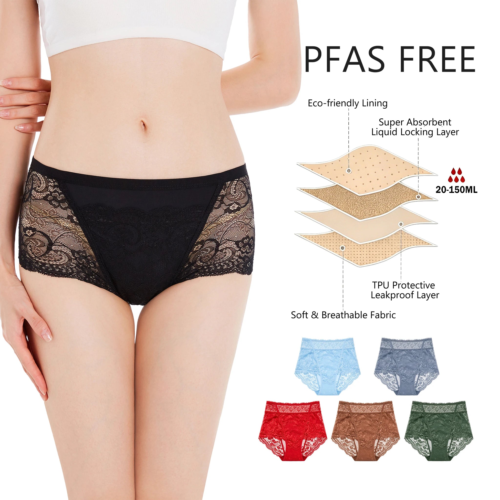 Shanhao OEM Menstrual Panties 4 Layers Absorbent Leakproof Lace Print Light Flow PFAS-free Organic Cotton Period Underwear