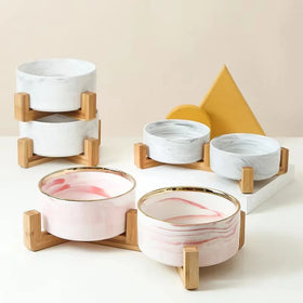 Doe Pet Wholesale Custom Logo Marbled and Gold Edged Hot Cat Double Pet Ceramic Feeding Bowl
