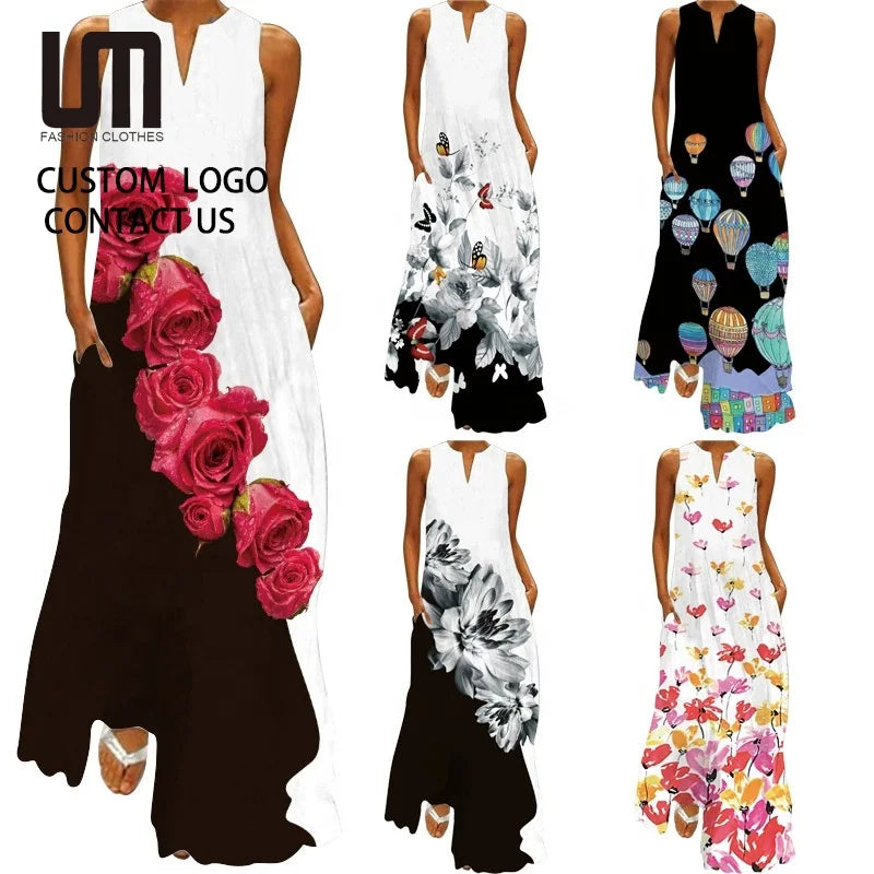 2025 Summer Floral Print Maxi Dress Women's Elegant Sleeveless V-Neck Evening Gown Plus Size Beach Party Dress