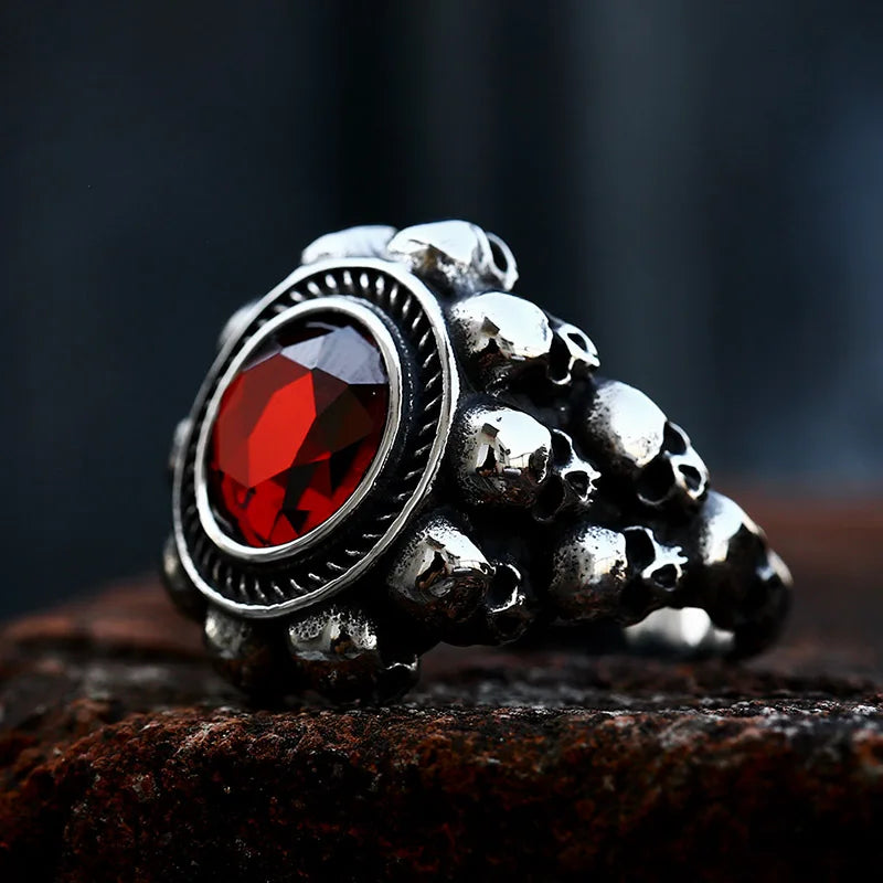 SS8-839R Stainless Steel Gathered Skull Ring With Red Zircon Punk Hip Hop Jewelry for Men Wholesale