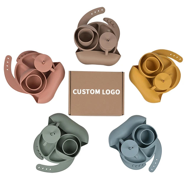 Custom Box BPA Free Non Toxic Silicone Baby Feeding Bib Plate Bowl Spoon Set Toddler Dinnerware  Children Kid Dishes Utensil