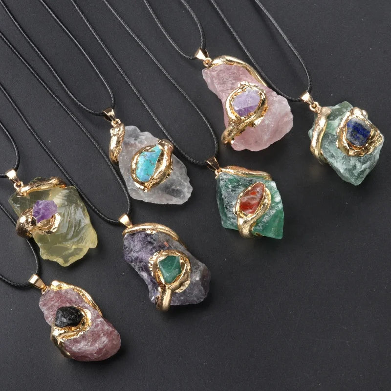 Gold Plated Irregular Shaped Crystal Raw Stone Pendant Jewelry Accessory Spiritual Products Crystal Necklace
