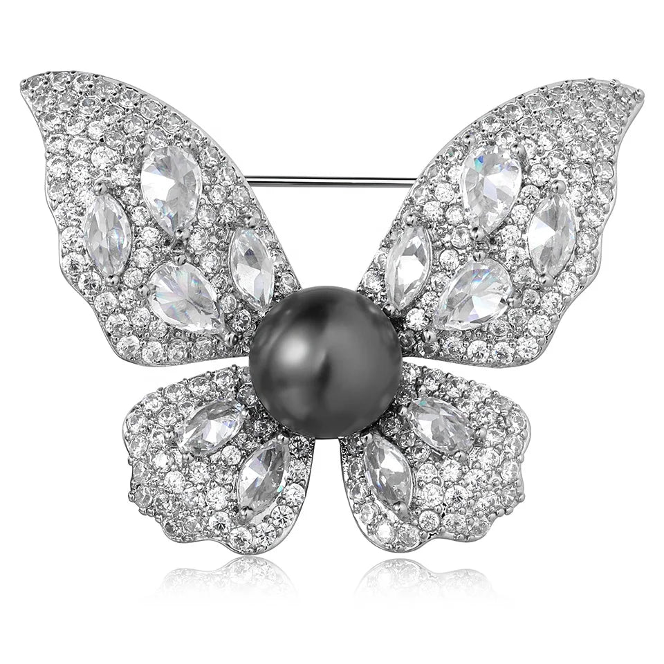2024 New Light Luxury High Shine Pearl Inlaid Zircon Butterfly Brooch Women's Jewelry Gift Customized