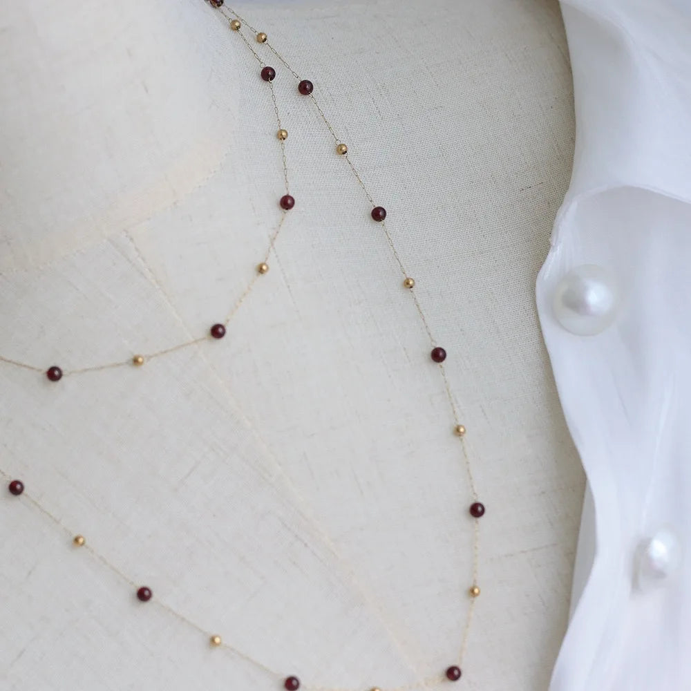 Elegant New Design Stainless Steel Natural Red Garnet Stone 18K PVD Plated Bead Necklace