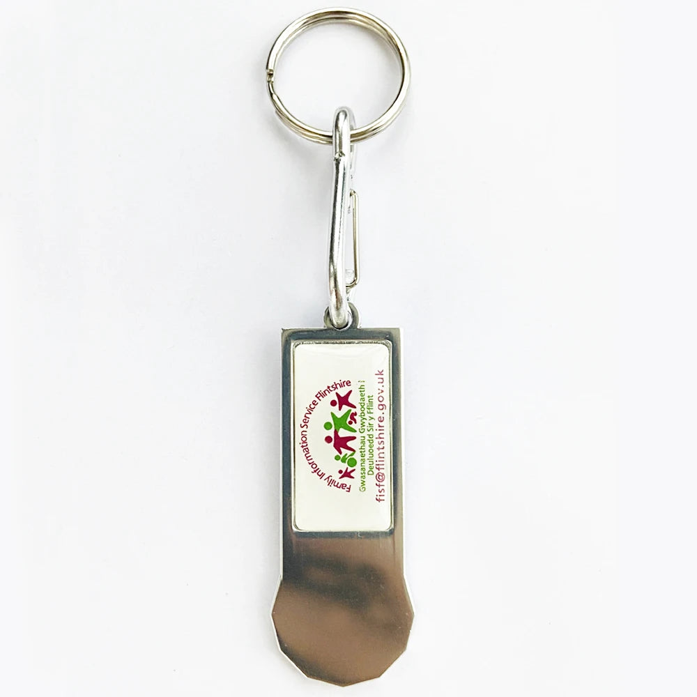 One Euro Size Aluminum Trolley Coin Keychain with Custom Domming Offset Printed Logo Durable Metal Keychain