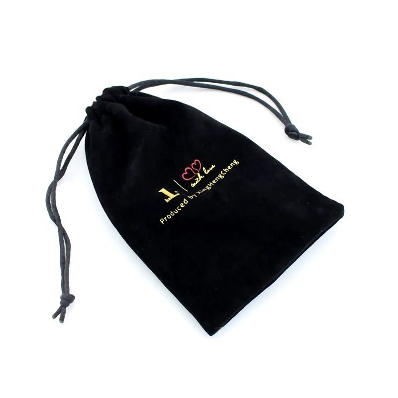 Velvet Flannel Drawstring Bag with Custom Logo Printed Black Gift Packaging Pouch