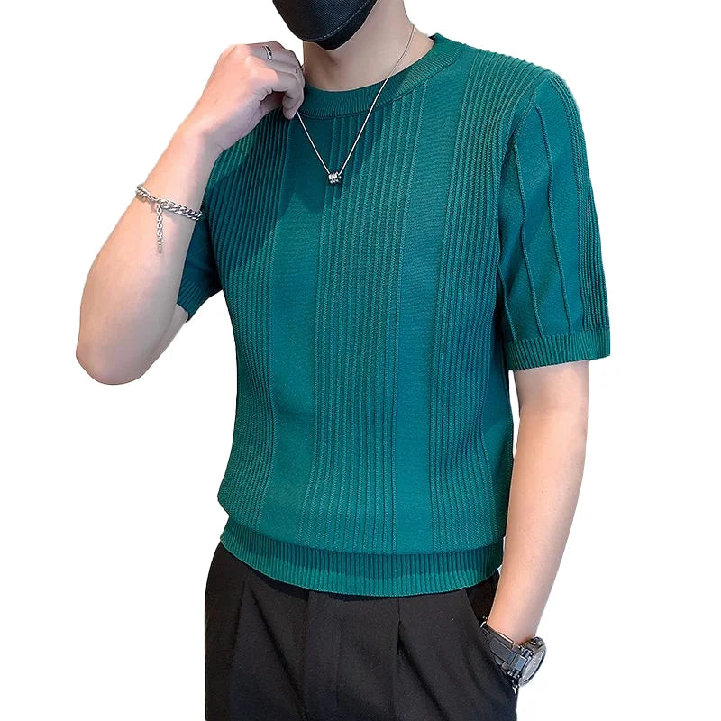 Summer Solid Color Knitted Pullover Casual Crew Neck Breathable Knitted T-shirt Knitted Sweater for Men