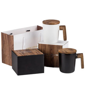 Creative Office Ceramic Mug With Wooden Handle and Lid Couples Water Mug Gift Box Set Antique Porcelain Cup Wholesale