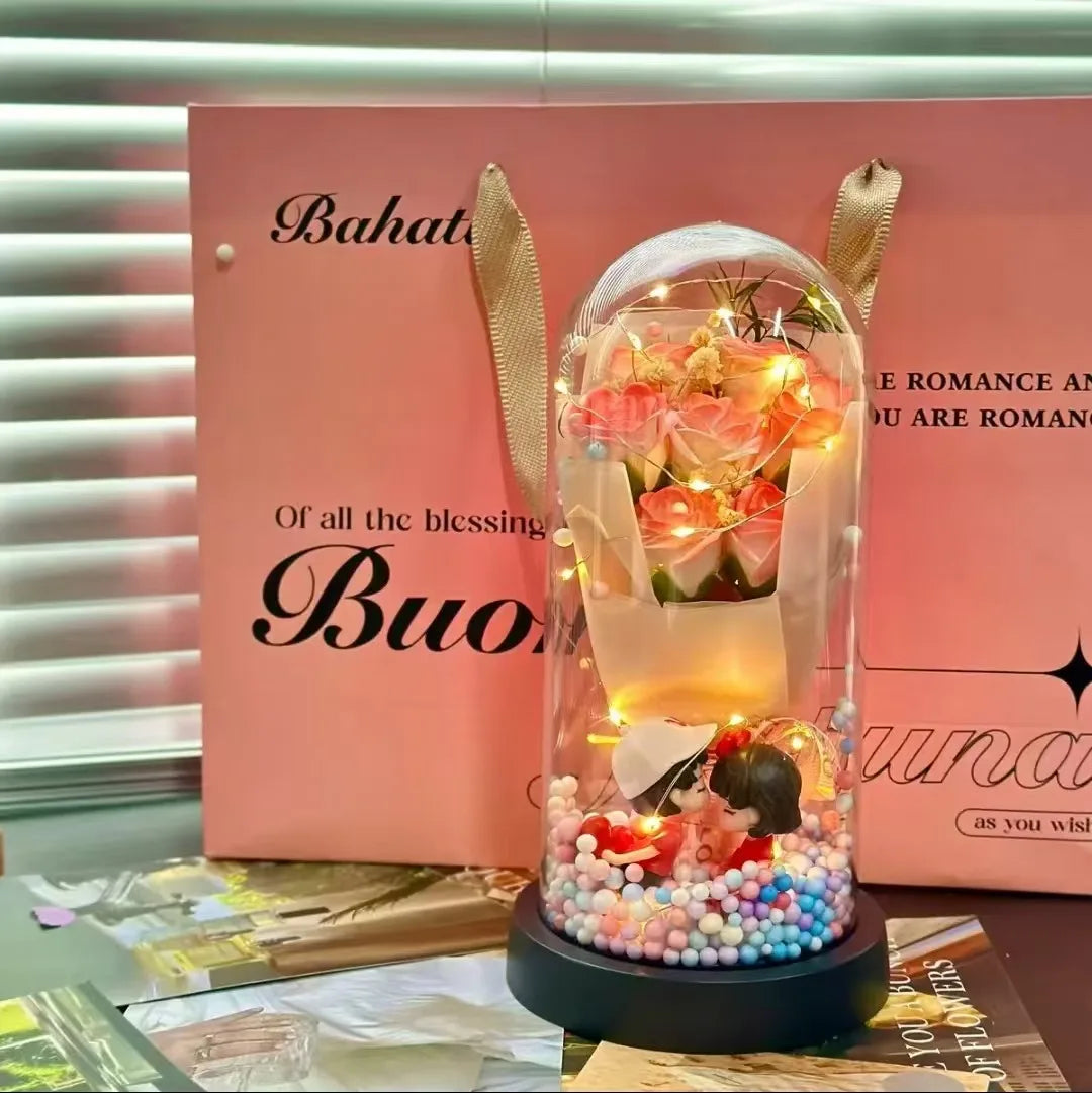 Valentine's Day Gift Idea Colorful Rainbow Light-Up Eternal Rose in Plastic Acrylic Doom Encased in a Gift Box