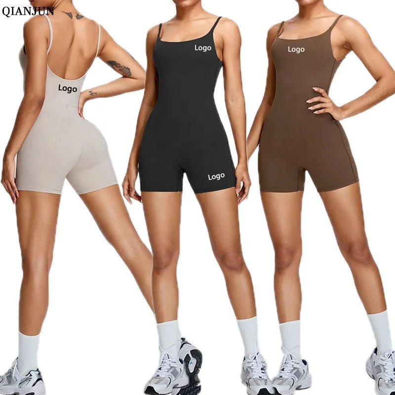 Custom Logo Women's Sports Bodysuit & Jumpsuit High Elasticity Yoga Gear With Removable Chest Pad Solid Color