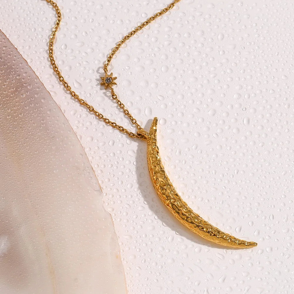 Trendy 18K Gold Plated Stainless Steel Necklace Link Chain Zircon Crescent Moon Pendant Crystal Pave Star Pattern Anniversary