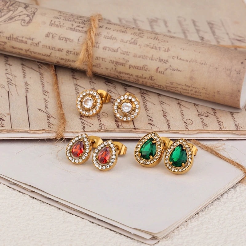 Hypoallergenic Stainless Steel Waterdrop Shaped Iced Out Colorful CZ Zircon Stud Earrings