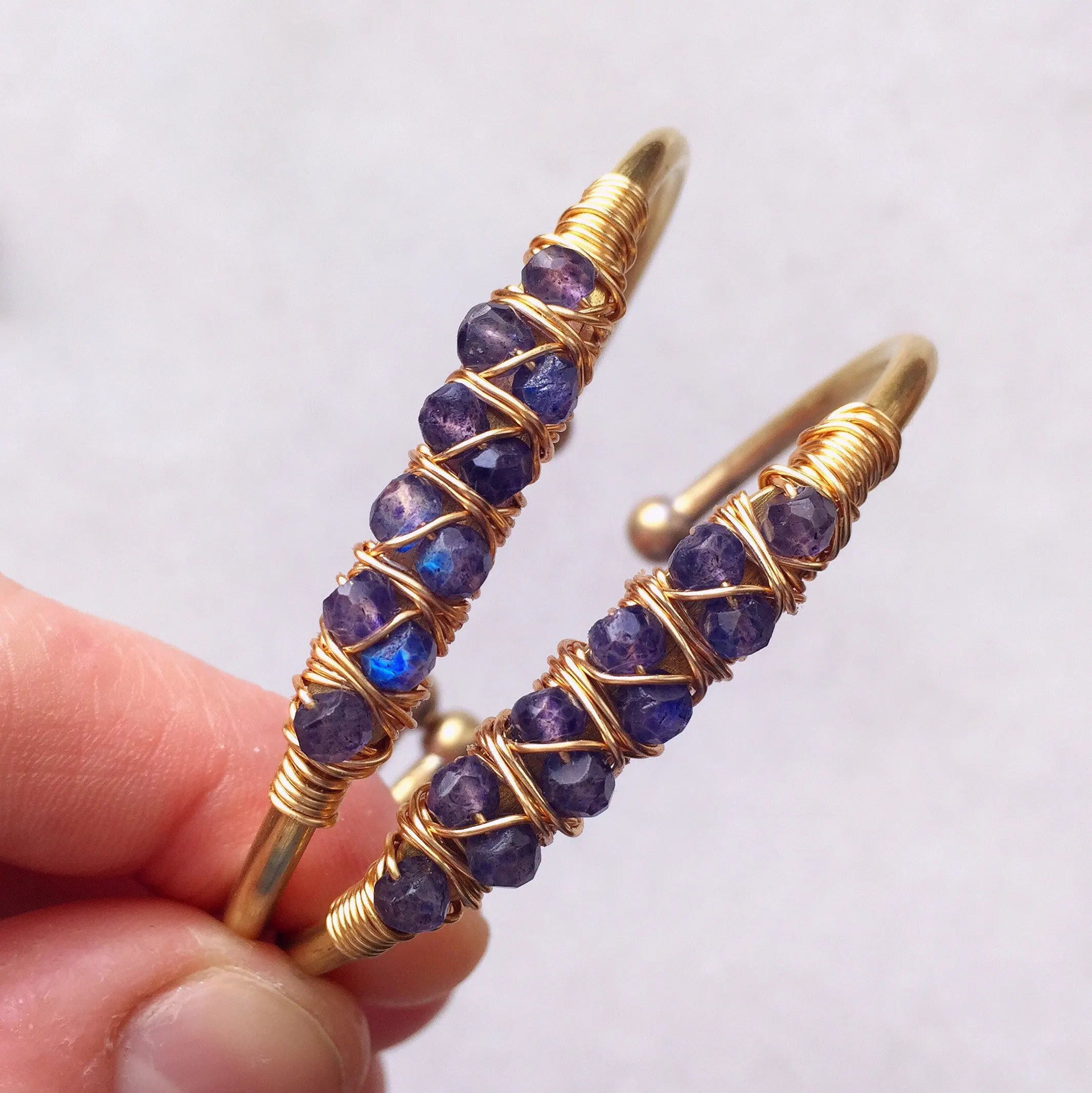BM27722 Wholesale Handmade Wire Wrap Faceted Amethyst Cuff Bangle Gold Plated Adjustable Boho Healing Crystal Bracelet for Women