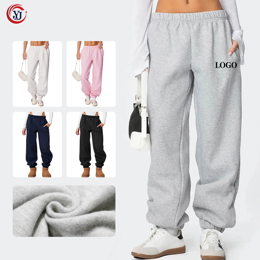 Custom Women's High Waist Drawstring Flat Breathable Fleece Lined Wide Leg Ankle-Length Eco-Friendly Baggy Winter Anti-static