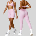 HONFIT Nylon Spandex Quick Dry 4 Way Stretch 3PCS Sports Yoga Set Women Twist Halter Bra High Waist Butt Lift Leggings Shorts MegaBDM