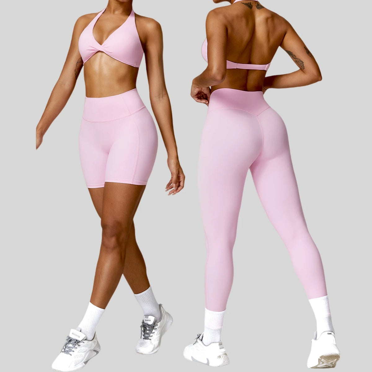 HONFIT Nylon Spandex Quick Dry 4 Way Stretch 3PCS Sports Yoga Set Women Twist Halter Bra High Waist Butt Lift Leggings Shorts MegaBDM
