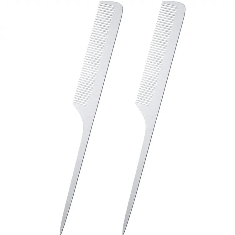 Custom Logo Silver Rat Tail Hair Comb Teasing Pintail Barber Comb Stainless Steel Hair Styling Cutting Comb With Fine Cutting