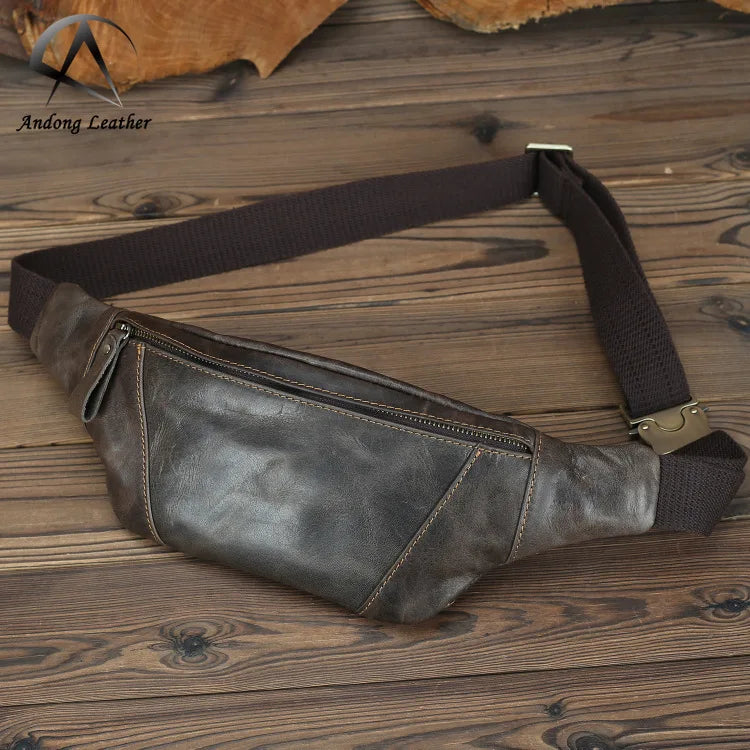 Andong Chest Bag Male Cowhide Running Retro Casual Phone Waist Pack for Men Sports Outdoor Shoulder Bags Genuine Cow Leather