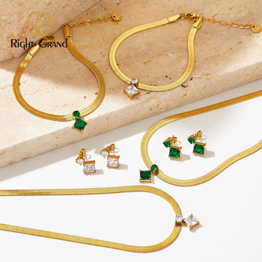 Wide Snake Bone Chain with Diamond Three-piece Set Women's Zircon New Jewelry Bracelet Necklace Earrings Set