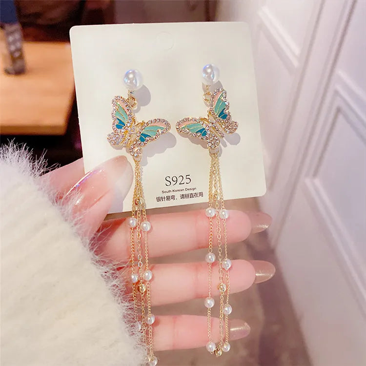 SP S925 Silver Needle High Quality Pearl Long Tassel Butterfly Earrings