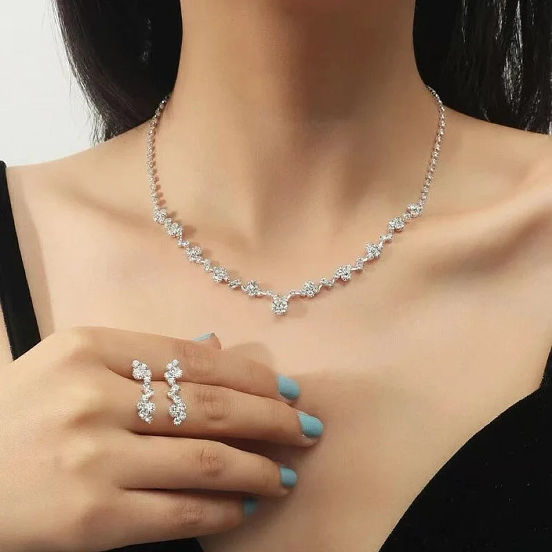 Full Diamond Zircon Necklace Earrings Set Rhinestone Bridal Wedding Jewelry Set