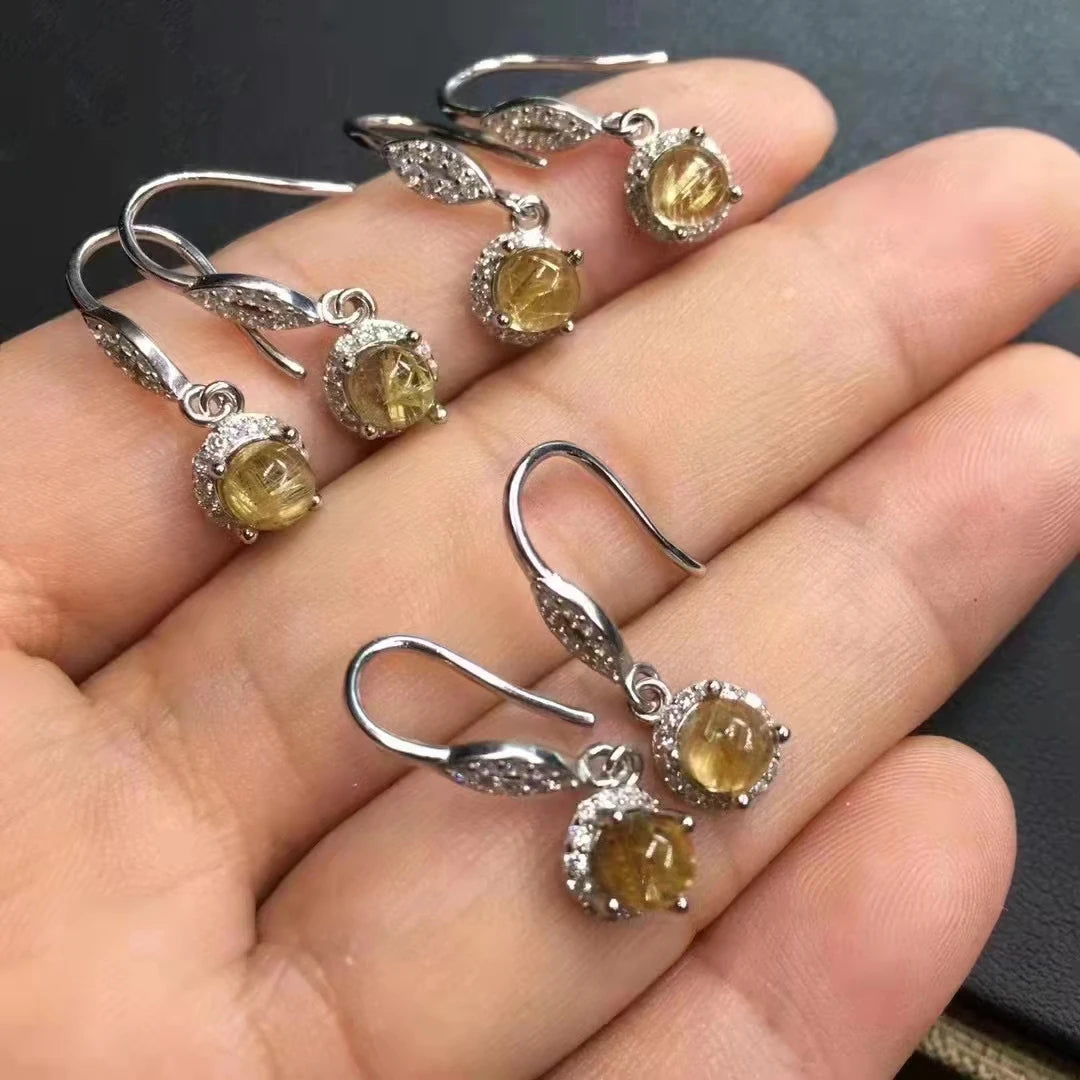 Classic Fine Healing Natural Raw Crystal Stone Jewelry Golden Rutilated 925 Sterling Silver Inlaidea Earrings for Women Fashion