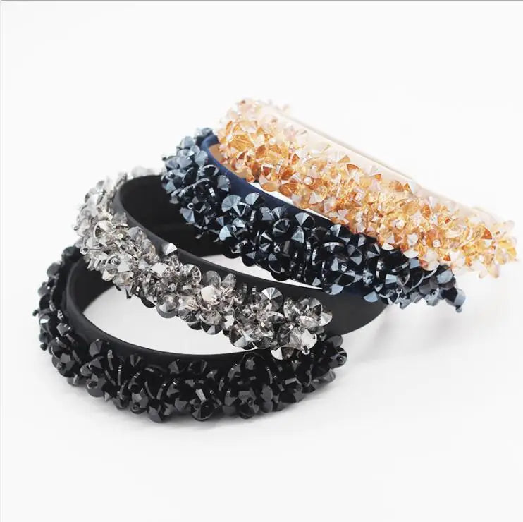 Handmade Gold Black Gray Navy Crystal Beads Flower Hairbands Bride Headband Women Headpiece Wedding Party Dance Hair Jewelry