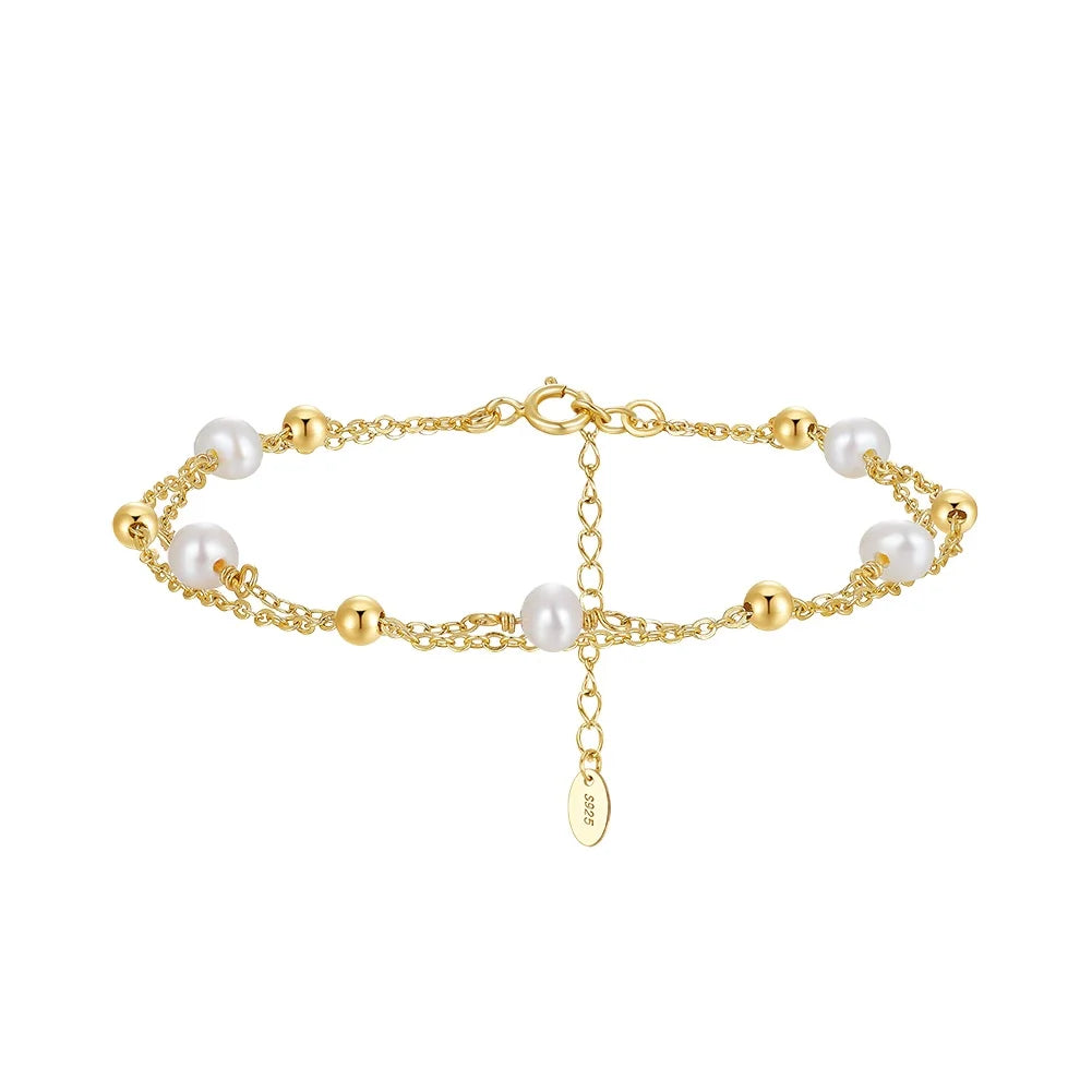 Wholesale 925 Sterling Silver Double Chain Natural Freshwater Pearl Gold Plated Ball Bead Bracelet Jewelry for Women