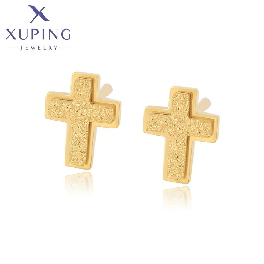 A00786551 XUPING Jewelry Unisex Couple 24K Gold Plated Stainless Steel Trend Cross Stud Men Earrings