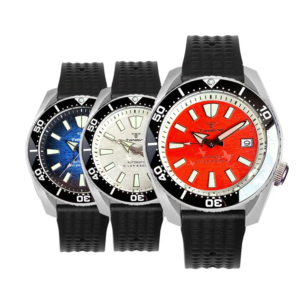 Diver Tandorio 3.8 Steel Mechanical Watch Men NH35 Movt Waterproof Wristwatch Black Waffle Band Orange/White Dial 42.5mm