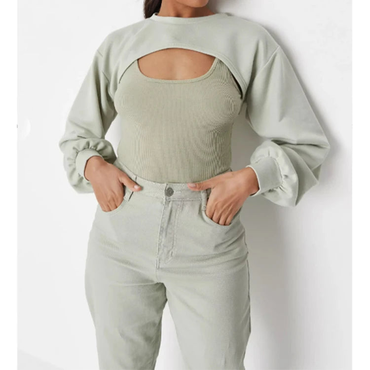 L230462 Custom Women Knit Crop Hoodie Top New Design Open Navel Irregular Sweater Long Sleeve Fashion Streetwear Clothing