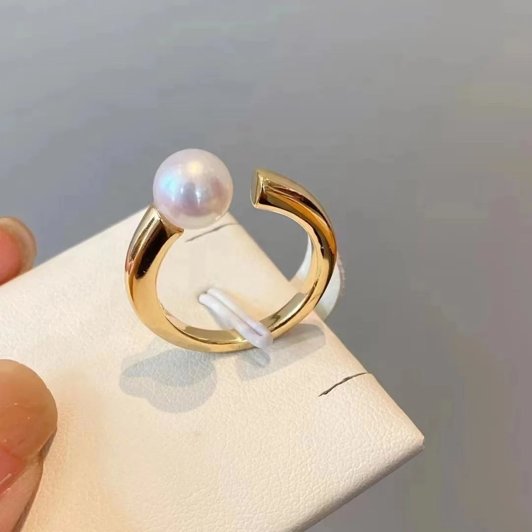R962 8-9mm Natural Freshwater Pearl Ring Accessory 925 Sterling Silver Adjustable Size Engagement Jewelry Ring for Women
