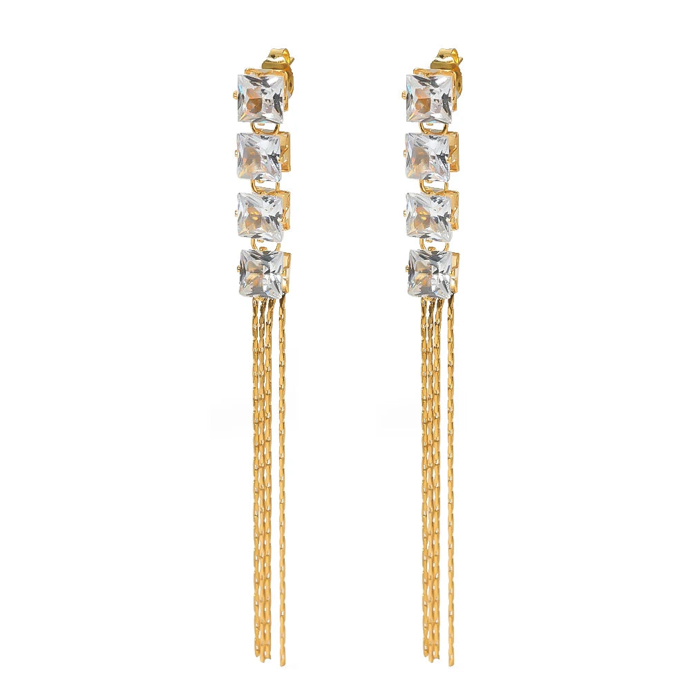 Superior Sense Stainless Steel Gold Plated White Crystal Cubic Zircon Long Tassel Women Earrings