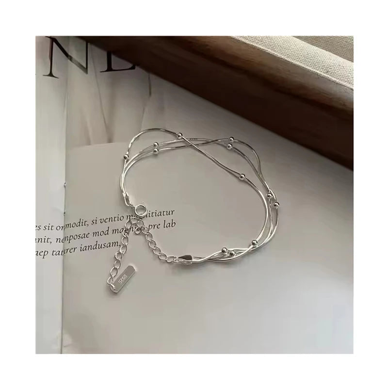 Vintage Simple Silver Gold Multi-layer Ball Snake Chain Bracelets 925 Sterling Silver Fine Jewelry for Women